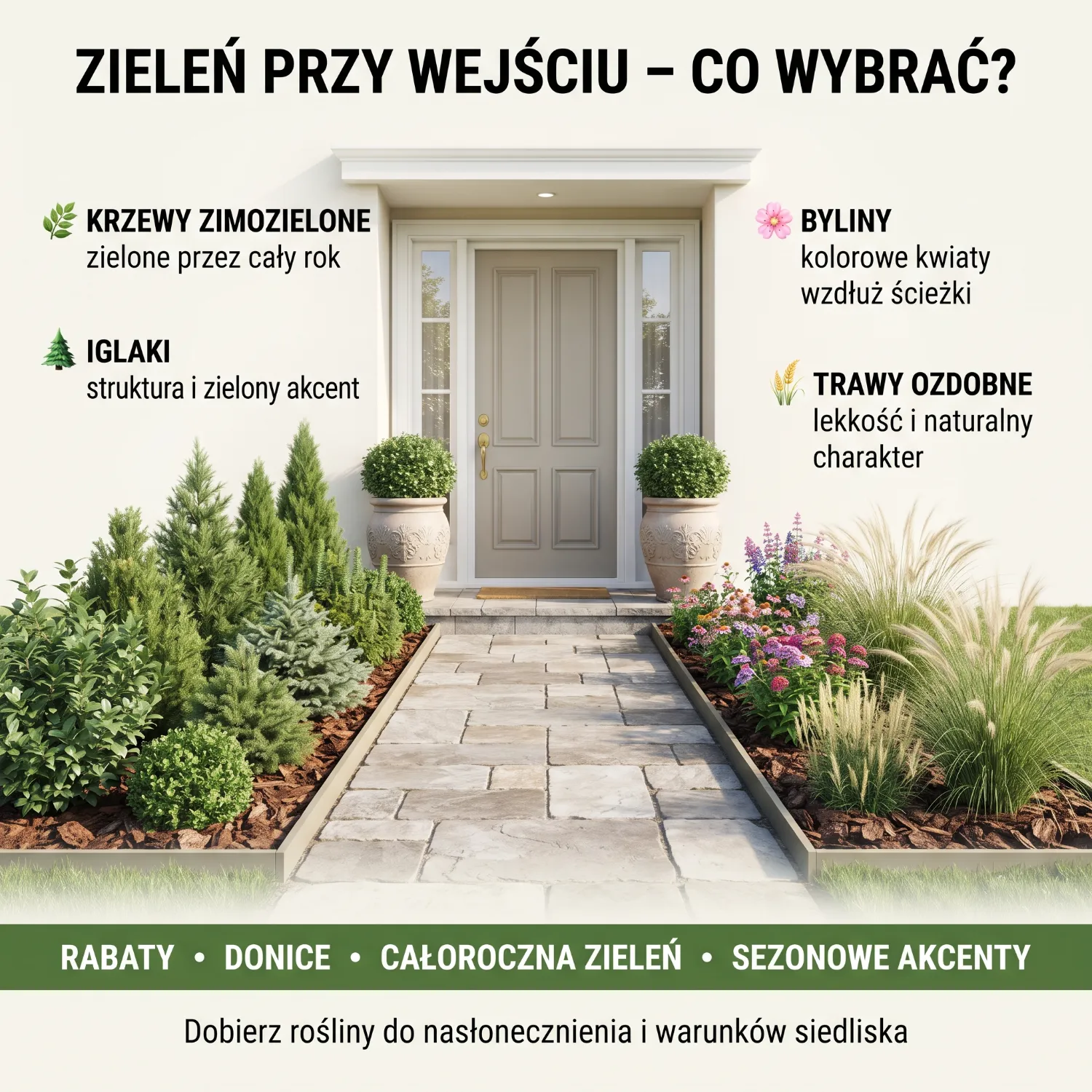 Drewniane drzwi wejściowe ozdobione symetrycznymi donicami z bukszpanami i lawendą.